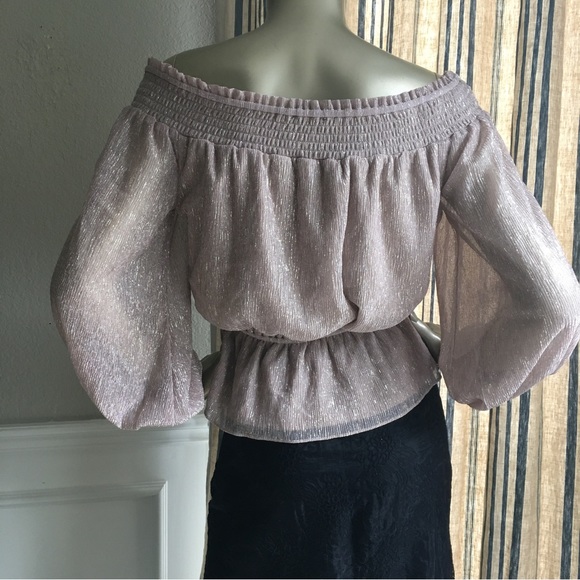 EUC WHITE HOUSE BLACK MARKET Shimmer Pale Pink Smocked Off the Shoulder Top S - Picture 5 of 10